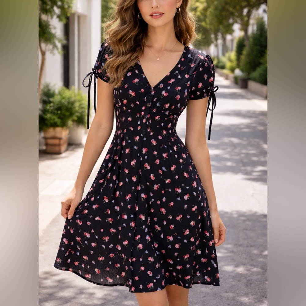 Unique Vintage Cherry Print Dress Retro Fit & Flare Black Size 10- 12